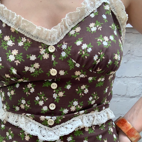 🇬🇧 Vintage Peasant Maxi Dress Bohemian Floral XS gypsy queen 60s 70s Brown - Picture 5 of 10